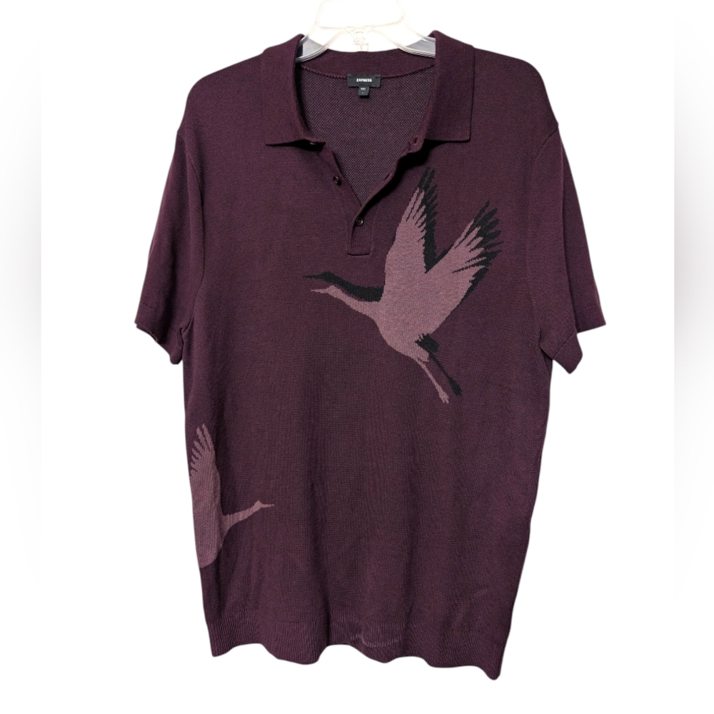 Express Rare Maroon Purple Sweater Knit Short Sleeve Polo Shirt Crane Design L